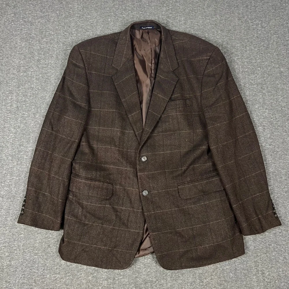 Alan Flusser Sport Coat Mens 44R Brown Lambswool Cashmere Windowpane Blazer